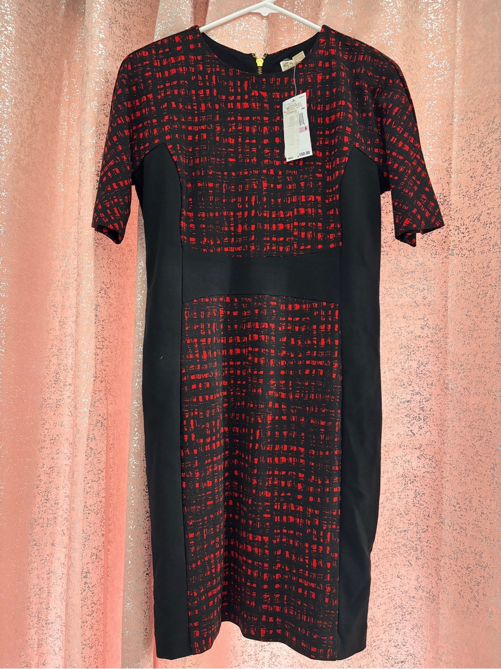 Michael Kors Black Midi Dress with Red Grid Print